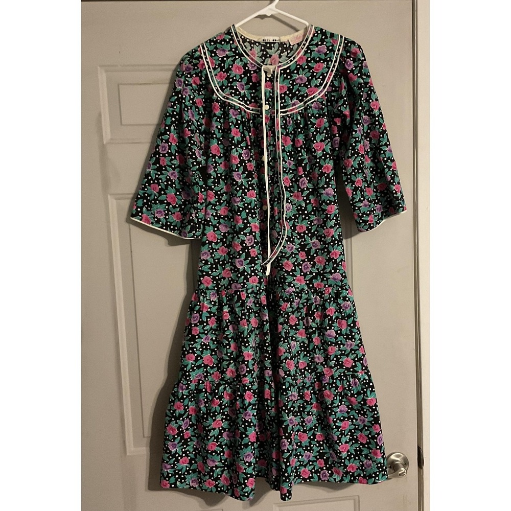 Vintage Intime Brownstone Dress Womens Large Black Floral Button Front 80s